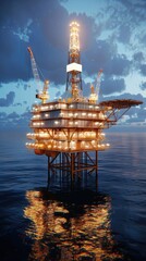 Obraz premium A large offshore oil rig is illuminated against a dark, stormy sky. The rig is lit up, with the lights reflecting on the calm water below