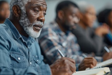African American senior man taking notes during education training class.