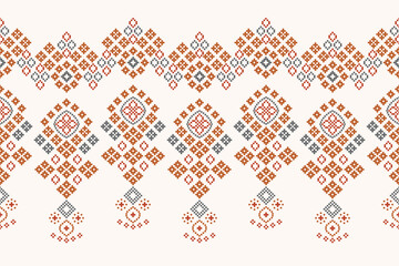 Traditional ethnic motifs ikat geometric fabric pattern cross stitch.Ikat embroidery Ethnic oriental Pixel brown cream label background. Abstract,vector,illustration. Texture,decoration,wallpaper.