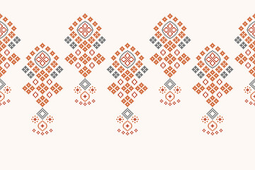 Traditional ethnic motifs ikat geometric fabric pattern cross stitch.Ikat embroidery Ethnic oriental Pixel brown cream label background. Abstract,vector,illustration. Texture,decoration,wallpaper.