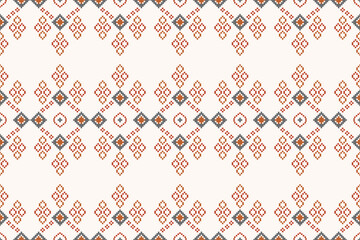 Traditional ethnic motifs ikat geometric fabric pattern cross stitch.Ikat embroidery Ethnic oriental Pixel brown cream label background. Abstract,vector,illustration. Texture,decoration,wallpaper.