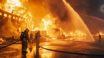 Firefighters extinguishing with a hose against a background of burning flames rising from a building.