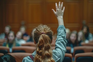 Back view of student raising her hand to answer teachers question during education training class.