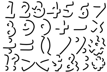Hand drawn numbers 1-0 and symbols, light and shadow, black and white, three-dimensional.