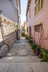 Old historical dreamy streets. Beautiful houses and businesses in a romantic tourist location. Beautifully landscaped streets and small squares in Rovinj, Istria, Croatia