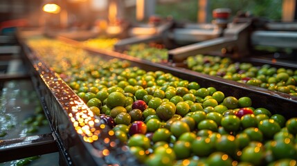 A vibrant close-up shot of fresh green and red olives being sorted on a conveyor belt at an olive processing plant. The warm ambient light accentuates the natural colors and textures of the olives