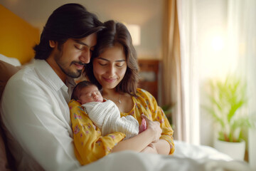 Young Indian couple holding their newborn baby in hand