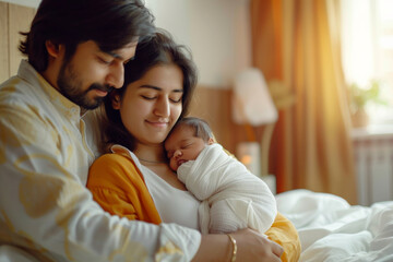 Young Indian couple holding their newborn baby in hand