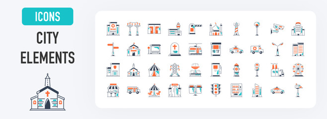 City elements icons set. Such as bus stop, electric pol, mailbox, shopping, mall, police, car, airport, street light, traffic, trash, food stall, parking, station, school, tram, cemetery vector icon. © Vector Market