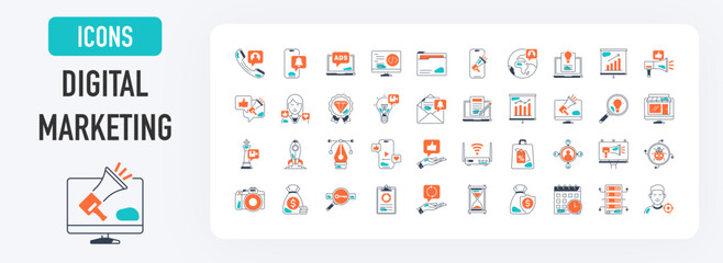 Digital marketing icon set. Such as seo, content, website, social media, sales, online advertising, notification, contact, viral, wifi, discount, survey, increase, global, mail vector icons collection