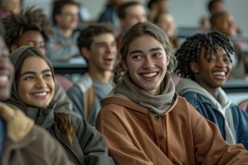 Obraz premium Diverse high school students smiling in classroom.