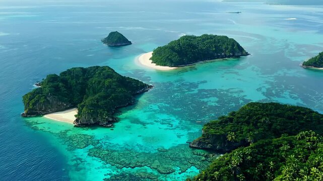 View from the dran, flight over tropical islands with green jungles and white beaches and clear blue waters.
Concept: exotic vacation and ecotourism