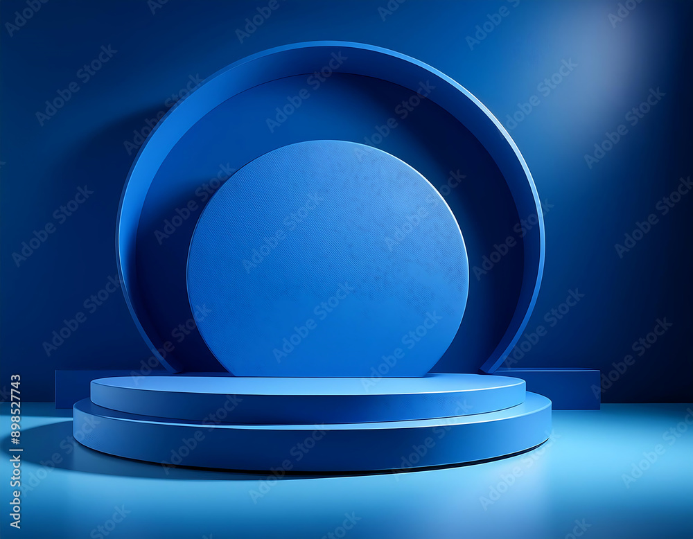 Poster blue platform product podium- a 3d studio setup with a blue pedestal for product display. t_1(87)