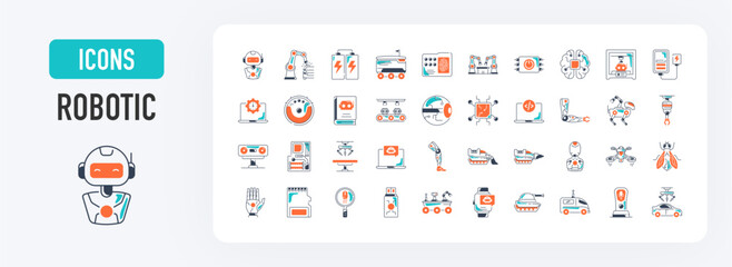Robotic icons set. Such as machine, delivery, bot, battery, learning, brain, ai, head, technology, welder, surgery robot, chatbot, drone, 3d printer, driller, leg, memory vector icon illustration. 	