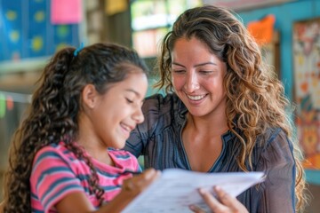 Happy Hispanic teacher giving exam paper to her student during a class at primary school.