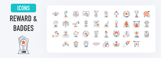 Reward & badge icon set. Such as award, number, one, trophy cup, winner, medal, coupon, gift, archery, music, champion belt, bowling, ribbon, diploma, sport, badminton, star vector icons illustration