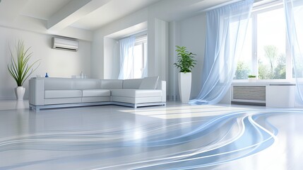 A white air conditioner is mounted on a wall in a living room. A white couch with pillows sits in front of it