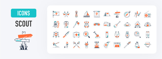 Scouts icons set. Solid icon such as tent, shore, beanie, animal, life vest, fleur de lis, wristwatch vector illustration.  © Vector Market