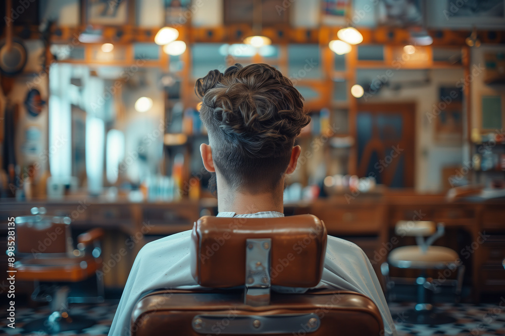 Wall mural Rear view of a young man sitting in a chair in a barber shop.