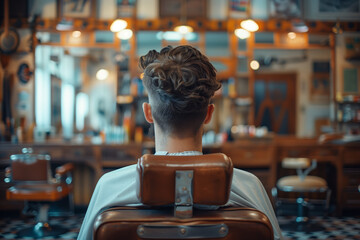 Rear view of a young man sitting in a chair in a barber shop.