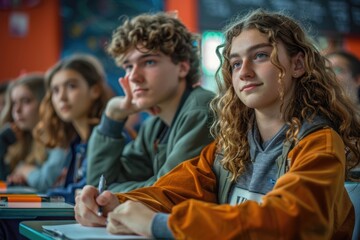 Fototapeta premium High school students taking notes in classroom.