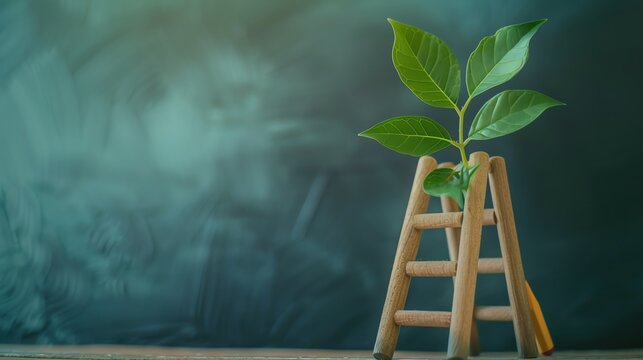 A plant grows on a wooden ladder, symbolizing growth and sustainability in a serene environment.