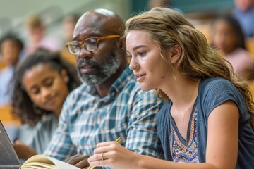 Mid adult woman studying with African American teacher in class.