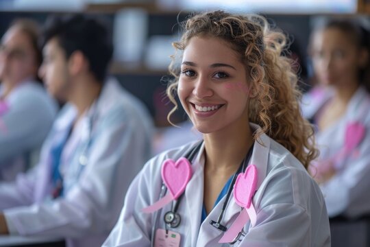 Pink breast cancer awareness ribbon against medical student smiling at the camera during class