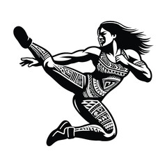 Fototapeta premium Wrestling female player in ethnic polynesia pattern illustration, emblem shield badge