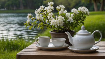 How about A delicate still life featuring a tea cup with flowers on a white table