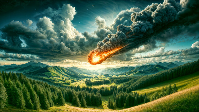 Asteroid / comet hurtling towards idyllic countryside landscape. Fiery meteor in sky above lush green fields, forests, and rolling hills. Concept of impending disaster, apocalypse, or cosmic impact.