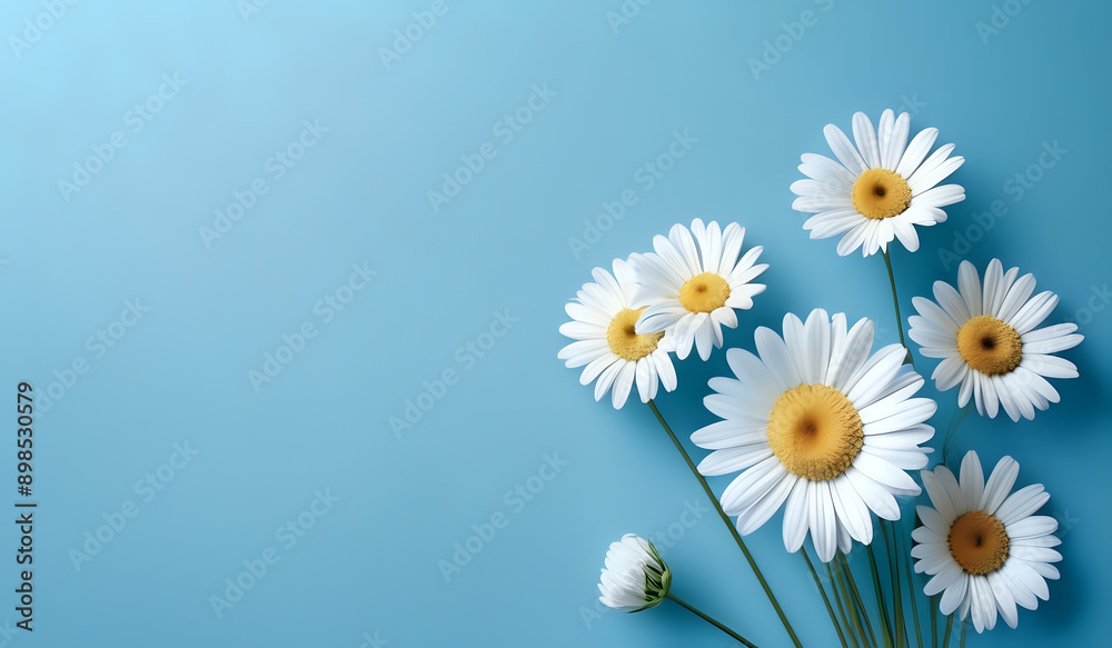 Wall mural white daisies on a blue pastel paper texture background with copy space