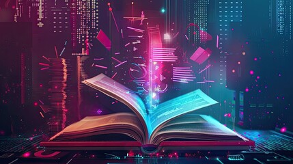 Modern education concept with a book surrounded by virtual reality elements.