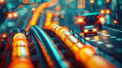 City construction at night with neon lights, focusing on pipeline installation and urban development