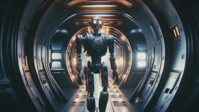 Humanoid cyberpunk metal robot walks through a steel, brightly lit space station corridor. Cinematic animation. Futuristic sci-fi theme. Artificial intelligence, robotics concepts. Cinematic.