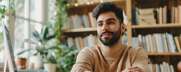 Learning a New Language: Mental Health Journey in Pistachio - Portrait of a determined man immersed in language learning, promoting mental well-being with a soothing pistachio color scheme.