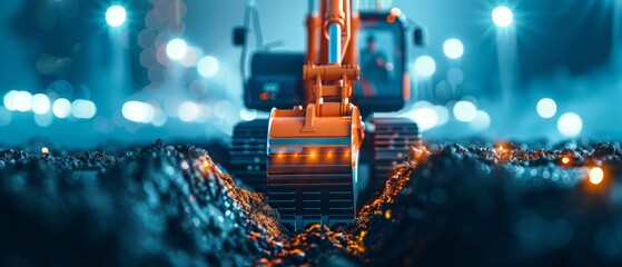 Futuristic Excavator Digging Trench for Fiber Optic Cable Installation in Industrial Site with Neon Lights Illuminating the Scene