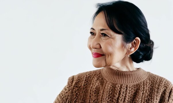 Portrait of a Indonesian woman in her 40s in a white background wearing a cozy sweater