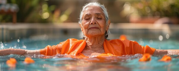 Active Senior Woman Engaging in Mental Health Water Aerobics, Dressed in Vibrant Indian Orange Attire
