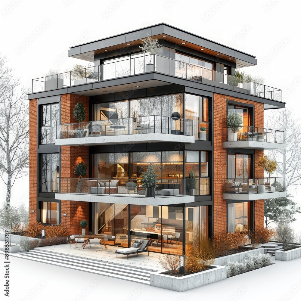 Fototapete residential building architecture project with mock up and blueprints