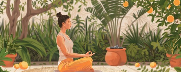 Fototapeta premium Tranquil Woman Meditating in Serene Garden for Stress Relief Practice, Wearing Lucky Orange