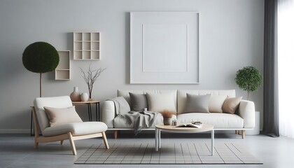 Stylish Modern Living Room with Cream Sofa and White Wall Art Frame