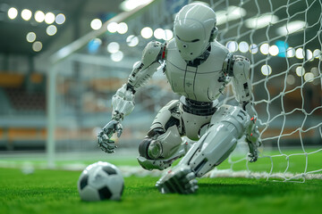 A robot is kneeling down on a soccer field and is about to kick a soccer ball