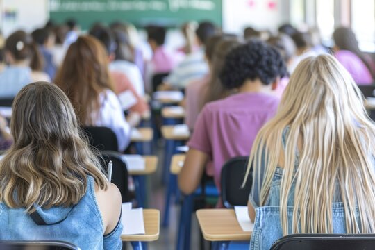 Students writing exam in classroom  view from back.