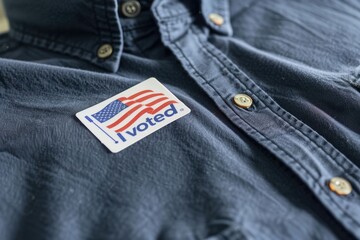 Closeup of an American  I voted  sticker placed on a navy shirt.