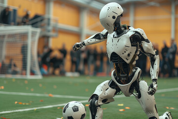 A robot is kneeling down on a soccer field and is about to kick a soccer ball