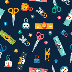 Pattern school supplies, rulers, paper clips, scissors, vector illustration