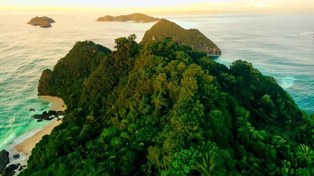 View from the dran, flight over tropical islands with green jungles and white beaches and clear blue waters.
Concept: exotic vacation and ecotourism