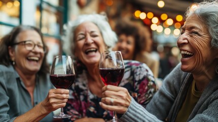 Happy senior women drinking red wine at bar restaurant, old ladies laughing have good time 