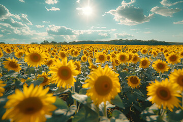 Fototapeta premium A field of yellow sunflowers with a blue sky in the background